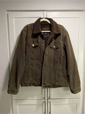 Vintage Y2K Gap Sherpa Fleece Lined Corduroy Button Up Jacket Olive Green Brown
